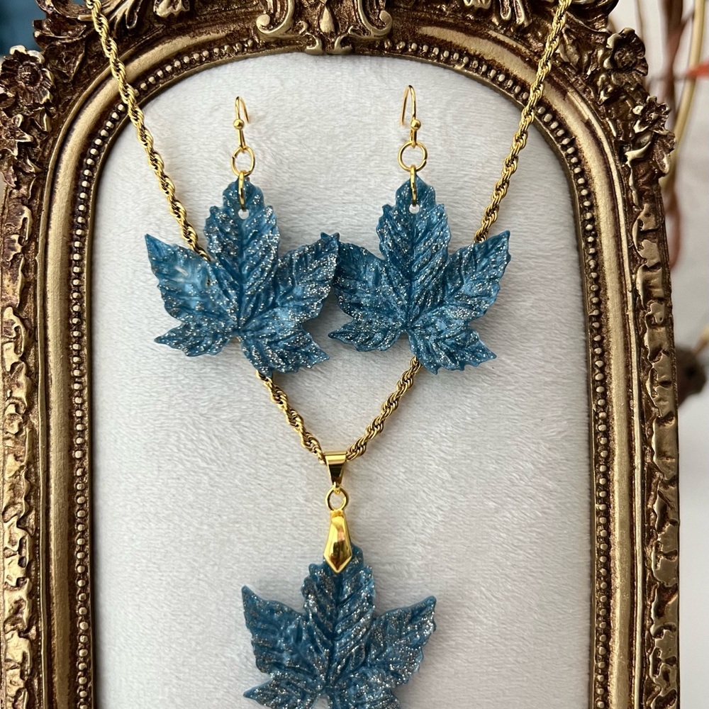 Elegant Gold and Blue Leaf Earrings